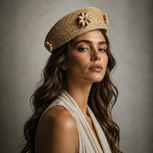 Natural Straw Hat Beret, Artisan Milan Straw Hat with Natural Shell Flowers, Handcrafted in Spain, Made to order