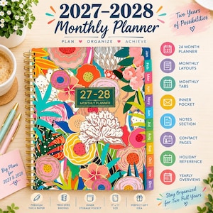 May include: A 2027-2028 monthly planner with a spiral twin-wire binding and a colorful floral cover. The cover features a central label reading 27-28 Monthly Planner. It includes monthly tabs, 9 by 11 inch dimensions, and a notes section.