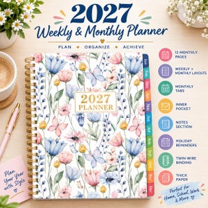 May include: A 2027 weekly and monthly planner with a gold twin-wire binding. The cover features a floral and butterfly pattern in blue, pink, and yellow. It includes monthly tabs, 12 monthly pages, weekly and monthly layouts, an inner pocket, a notes section, holiday reminders, and thick paper.