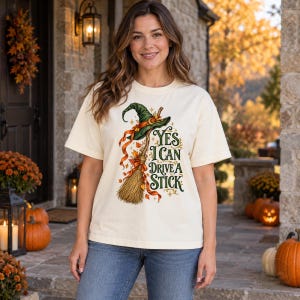Yes I Can Drive A Stick T-shirt | Witch Hat Broom Halloween Tee