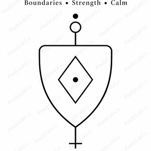 May include: A black and white graphic design featuring the text PROTECTION SIGIL, Boundaries, Strength, Calm, and TRANSPARENT PNG, DIGITAL DOWNLOAD. The central element is a shield-shaped line drawing with a diamond, dots, and a cross.