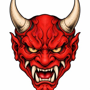 Può includere: Un'illustrazione di una maschera Hannya giapponese rosso vivo con due grandi corna ricurve color bianco sporco, occhi gialli penetranti e una bocca spalancata che rivela zanne bianche appuntite. Il design presenta contorni del viso dettagliati.