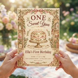 Peut inclure: Une carte d'invitation d'anniversaire couleur crème avec une illustration centrale d'un gâteau à cinq bougies allumées. Le texte indique ONE Sweet Year, Ella's First Birthday, June 12 at 2 PM, The Garden Room, 24 Willow Lane, et RSVP 555-0100.