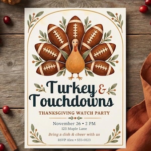 Einladung zum Thanksgiving-Football-Abend mit Truthahn und Touchdowns, niedlicher Aquarell-Truthahn mit Football-Federn, bearbeitbare Canva-Vorlage