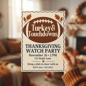 Einladung zum Thanksgiving-Football-Abend mit Truthahn und Touchdowns, Retro-Football- und marineblauer Wellenrand, bearbeitbare Canva-Vorlage