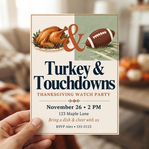 Einladung zum Thanksgiving-Football-Abend mit Truthahn und Touchdowns, Aquarell-Truthahn in Salbei und Marineblau, bearbeitbare Canva-Vorlage