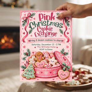 Pode incluir: Um cartão de convite retangular rosa intitulado Pink Christmas Cookie Exchange com texto em verde escuro, apresentando ilustrações de um boneco de gengibre, biscoitos em forma de coração e um biscoito de árvore de Natal numa lata rosa com tampa e laços.