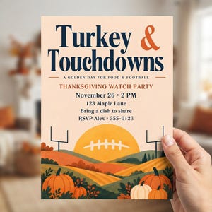 Einladung zum Thanksgiving-Football-Abend mit Truthahn und Touchdowns, Retro-Herbstlandschaft mit Kürbissen, bearbeitbare Canva-Vorlage
