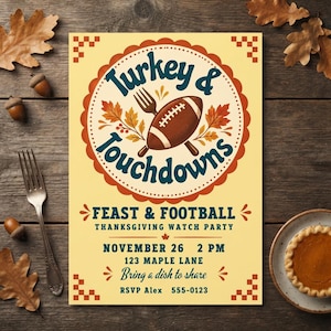 Einladung zum Truthahn- und Touchdown-Fest, Retro-Thanksgiving-Football-Party, gelb-orange kariertes Design, bearbeitbare Canva-Vorlage