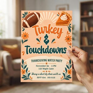 Turkey and Touchdowns Invitation, Retro Thanksgiving Football Watch Party, Orange Floral and Pumpkin Pie, Editable Canva Template