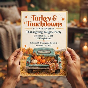 Turkey and Touchdowns Invitation, Thanksgiving Tailgate Party, Vintage Truck, Pumpkins and Football, Editable Canva Template