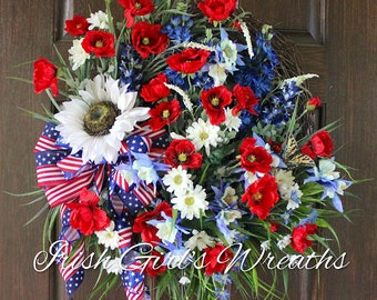 Patriotic Wreath, Poppies for Remembrance American Wildflower Wreath, 4th of July Wreath, Veteran’s Day