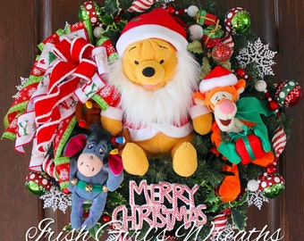 Santa Winnie Pooh and Friends Merry Christmas Wreath, Xmas Tigger, Peppermint Merry Christmas,  Reindeer Eeyore