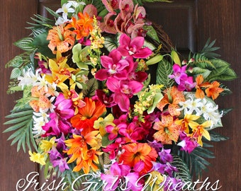 Hawaiian Island Luau Tropical Garden Wreath - Large Summer Tropical floral Wreath