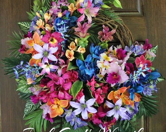 Deluxe Tropical Island Twilight Garden Wreath – Restful Blue and Purple Hawaiian Orchid Summer Wreath