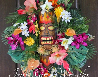 Deluxe Tiki Fire God Tropical Garden Wreath, Summer Island Paradise Luau Wreath