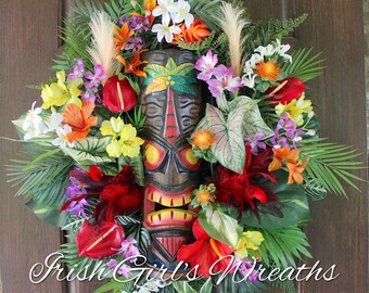 Deluxe Tropical Tiki Garden Wreath, Summer Island Paradise Tiki Luau Wreath