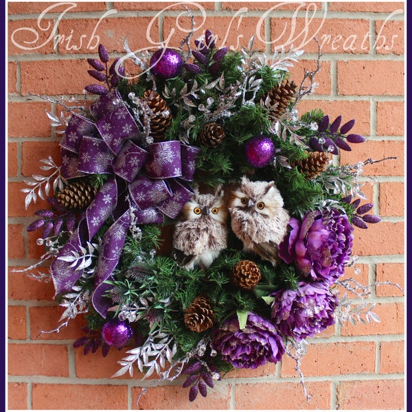 Rustic Purple and Silver Winter Owls Christmas Wreath, Large xmas Wreath, Peony,woodland, Iced branches, Pine cones, Plum ribbon