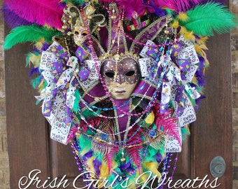 XXL Colorful Mardi Gras Wreath, Carnival Feather HeadDress Female Purple and Gold Venetian Jester Mask Wreath 2023