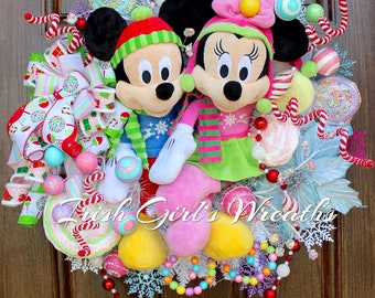 Mickey Mouse and Minnie Mouse Disney Fun and Festive Colorful Candy Christmas Wreath, Christmas Wreath, Winter Wreath