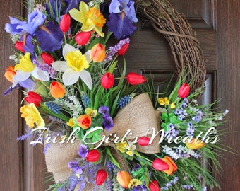 Purple Iris and Red Tulip Spring Garden Wreath, Mothers Day Floral, Daffodil