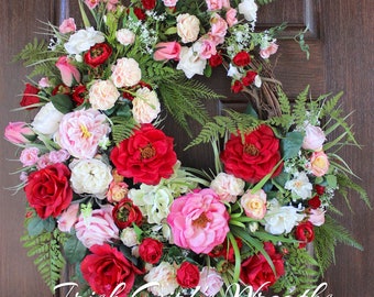 Deluxe Pink and Red Cottage Rose Garden Wreath, Spring Wreath, Summer Wreath, Valentines Day Floral