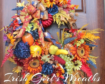Deluxe Moody Blue Brown and Burgundy Autumn Harvest Cornucopia Wreath, Large Thanksgiving floral Wreath, Fall Wreath