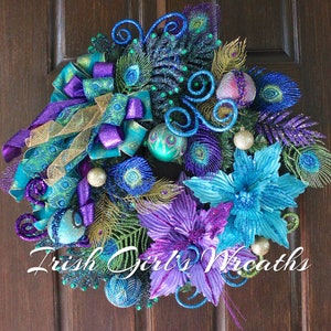 Jewel Tone Christmas Wreath, teal, peacock, Purple, lime, turquoise, blue, Peacock Wreath, Mardi Gras Decor, Christmas Decor