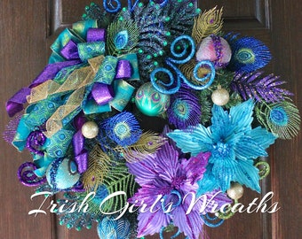 Jewel Tone Christmas Wreath, teal, peacock, Purple, lime, turquoise, blue, Peacock Wreath, Mardi Gras Decor, Christmas Decor