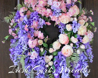 Extra Large Paris in Spring Wreath, XL Cherry Blossom, Purple Wisteria, Pink Cabbage Rose Garden French Country Wreath, Spring Floral Wreath