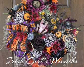 Creepy Gothic Halloween Garden Wreath, Dramatic Purple and Black Halloween Floral Wreath, Gothic Halloween Garden, Halloween Wreath