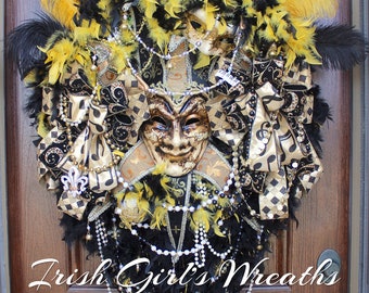 Mardi Gras Wreath, HUGE Black and Gold Mardi Gras Wreath, Large Venetian Jester Mask Wreath, New Orleans Saints