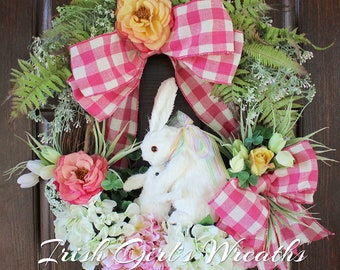 Spring Wreath, Pink & Yellow Bunny Rabbits Easter Garden Wreath, Checkered Gingham Bunnies Wreath