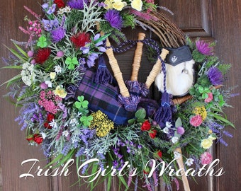 Scottish Highland Bagpipes Sporran and Wildflower Wreath, Pride of Scotland Tartan Heather and Thistle Year-Round Wreath, Celtic Wreath