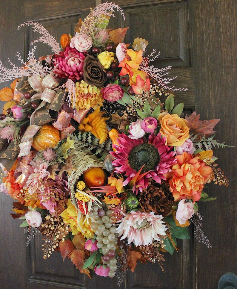 Deluxe Pink Copper and Brown Thanksgiving Cornucopia Wreath, XL Rose ...