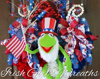 Kermit the Frog Muppet Patriotic Wreath - Muppet 4th July Wreath, Summer Wreath, Patriotic Decor