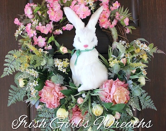 Spring Bunny Rabbit Pink Peony and Cherry Blossom Garden Wreath – Easter Wreath – Spring Floral Wreath