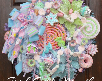 Deluxe Pastel Sweet Treat Candy Donuts Christmas Wreath, Pink Christmas, Lollipops, Lavender, Light Blue Christmas, Christmas Wreath