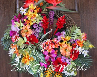 Deluxe Tropical Island Luau Garden Wreath – Large Summer Hawaiian Bird of Paradise Red Ginger and Orchid Floral Wreath