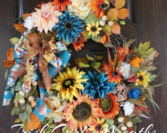 Elegant Teal & Peach Ivory Fall Autumn Floral Wreath, Tuscan Sunflower Autumn Wreath, Large Deluxe Autumn Floral
