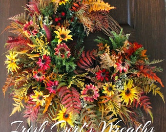 Rustic Realistic Lush Red Fern Scottish Autumn Meadow Wreath, Ireland Autumn Landscape Wreath, English Moors Autumn Fall Wreath, Fall Wreath