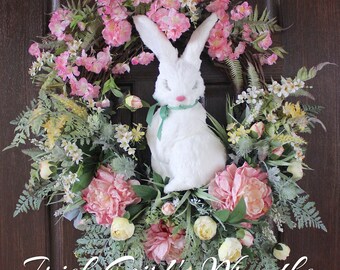 Spring Bunny Rabbit Pink Peony and Cherry Blossom Garden Wreath – Easter Wreath – Spring Floral Wreath
