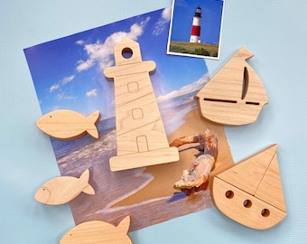 Summer, lighthouse, boat, nautical, Montessori, Waldorf, toddler gift, wooden toy, lake, sailing, fishing, camping, unique, nursery decor,