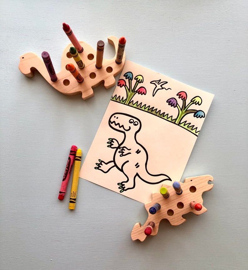 Dinosaurs, wooden toys, unique toddler gift, Montessori, Waldorf preschool fun,creative, imagination, organize, coloring, crayon holder, fun image 4