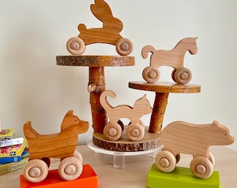 ヴィンテージ スコットランド製 車輪付き木製馬 職人による原始的な