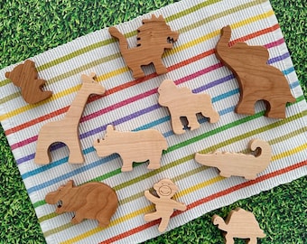 Cherry and Maple Wooden Toys for Babies & Toddlers | Zoo Friends | Montessori Wood Baby Toys | Lion | Elephant | Alligator | Turtle | Monkey