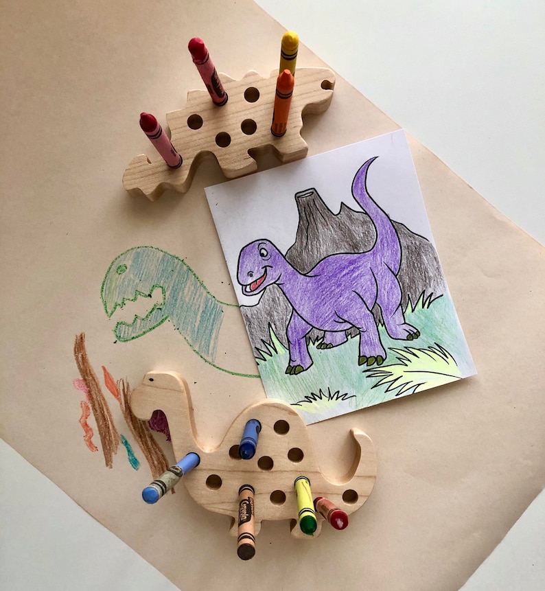 Dinosaurs, wooden toys, unique toddler gift, Montessori, Waldorf preschool fun,creative, imagination, organize, coloring, crayon holder, fun image 6