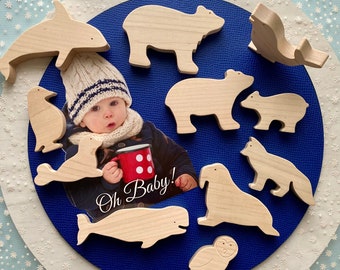 Polar bear, arctic zone, wooden toy play set,  toddler gift, winter, snow, blocks, Montessori inspired, adorable baby beluga, waldorf