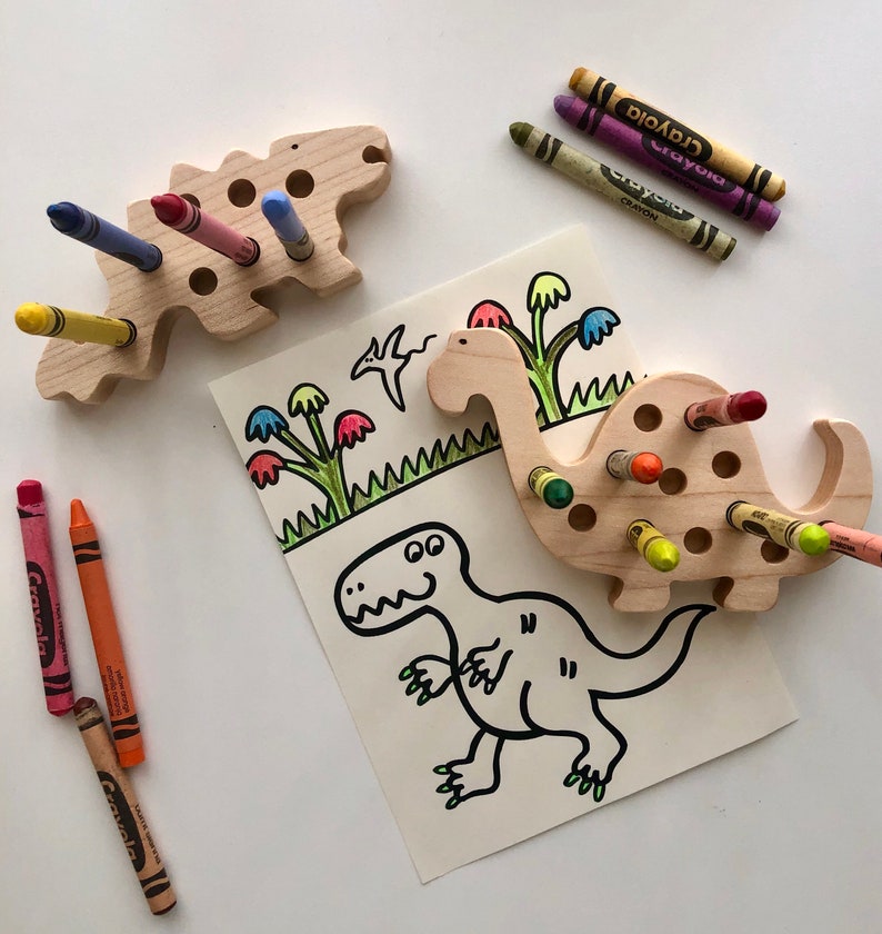 Dinosaurs, wooden toys, unique toddler gift, Montessori, Waldorf preschool fun,creative, imagination, organize, coloring, crayon holder, fun image 1