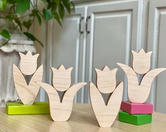 Tulipes en bois, jouets en bois, empiler, puzzle, jouet pour bébé, jouet pour tout-petit, jouet naturel, jeu de blocs, jeu créatif, printemps, cadeau de pâques, montessori